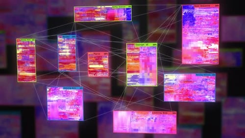 Glitch Data Network with Abstract Blocks and Percentage Displays