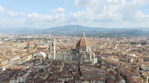 Scenic Aerial View of Large Cathedral in Florence, Italy on Picturesque Summer Afternoon