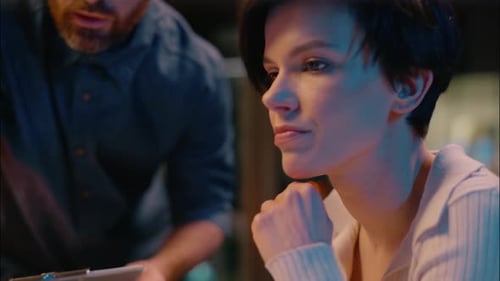 Business Woman Man Cooperation in Night Evening Office Overtime Working Businesswoman Businessman