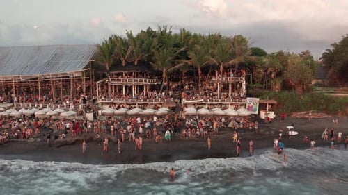 Aerial view of a crowded bar in Canggu, Bali, Indonesia