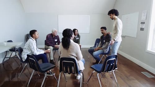 Man Talking In Support Group Meeting In Community Center Slow Motion