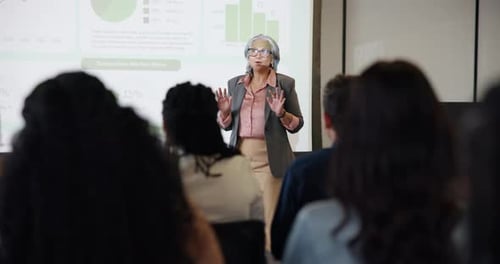 Conference, chart and presentation with business woman at event for broker workshop