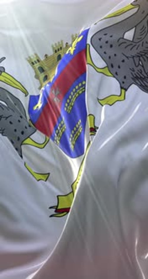 Realistic Waving Flag with Coat of Arms featuring Birds