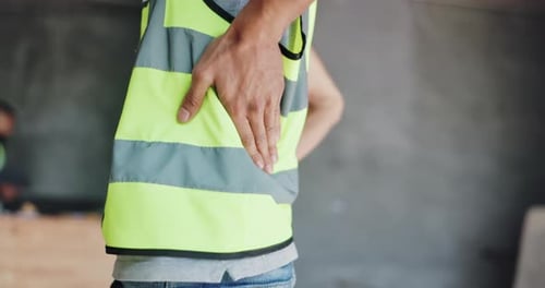 Back pain, fatigue and engineering with man as construction worker for tired