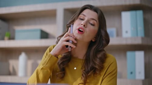 Woman Working and Talking on Phone at Desk