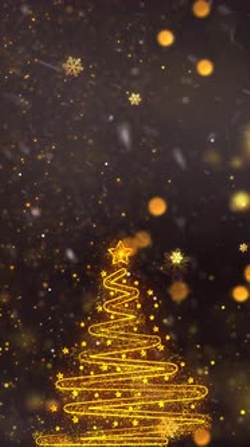 Golden Glittering Christmas Tree Animation with Falling Snowflakes