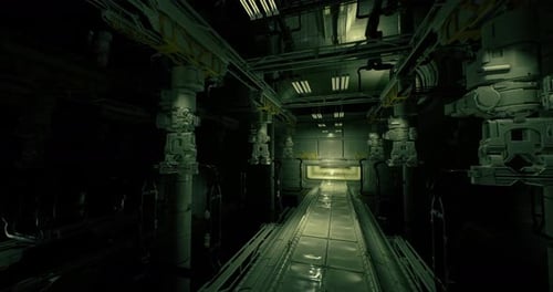 Enclosed Factory Tunnel with Damp Walls and Eerie Green Lighting