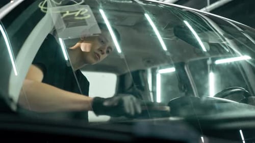 A close-up of a car wash worker using a brush and car chemicals to clean the dashboard of a car