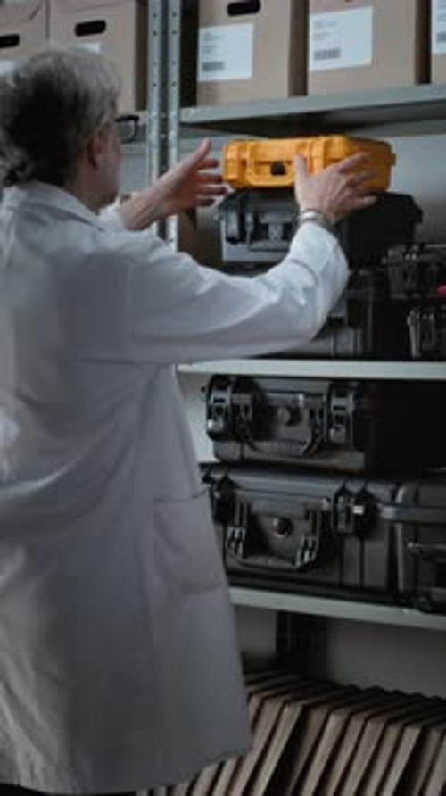 Un scientifique expérimenté sort un étui de protection contenant du matériel de recherche scientifique de son étagère