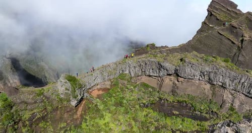 Tourists In The Mountains Of Madeira At Pico do Arieiro In Portugal - aerial drone shot