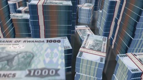 3d flight over Rwanda francs money banknote packs loop