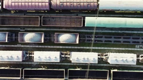 Aerial View of Freight Trains and Cargo Wagons in Rail Yard