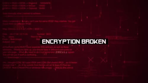 Texto de advertencia de cifrado roto en la pantalla de fondo de hackeo V02