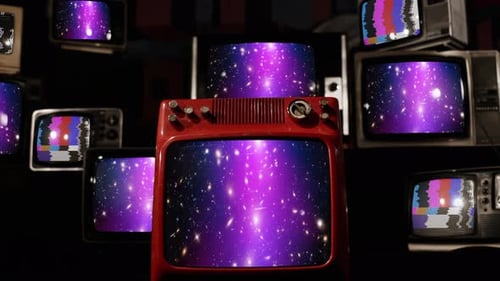 Collection of Vintage Televisions Displaying Space Imagery