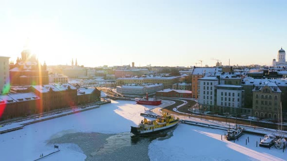Drone rotating in front of the snowy Katajanokan kanava canal, winter ...