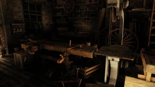 Rustic Workshop Interior Filled with Tools and Wooden Furniture in Dim Light