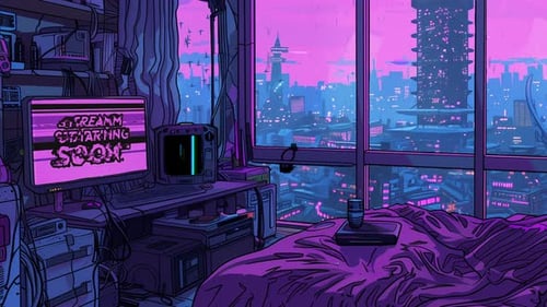 In Kürze streamen Lo-Fi-Stream-Asset mit animiertem Neon-Loop im Stadtbild — Dynamic Motion