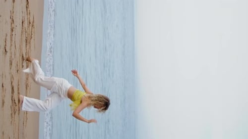 Inspired Choreographer Woman Dancing at Empty Sea Coast Vertically Girl Dancer
