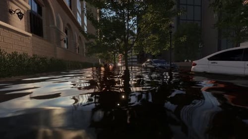 Flooded Urban Street With Abandoned Vehicles Submerged In Water