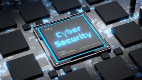 Cyber Security Text on Futuristic CPU Processor and Circuit Board