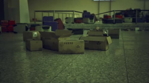 Warehouse Chaos Depiction Industrial Storage with Disorganized Items