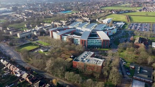 Aerial drone footage of main building of the Pinderfields Hospital, located in Wakefield Yorkshire
