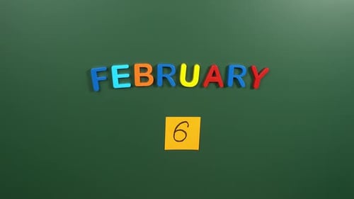 Hand sticking a sticker 6 February calendar day on school board. 6 date of February. Sixth day