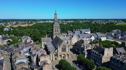 Saint-Sauveur basilica, Dinan, France. Aerial drone orbiting
