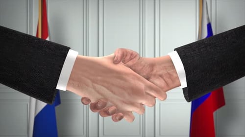 3D Animated Handshake Between Nations with Flags