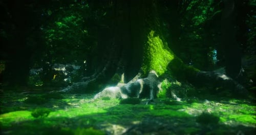 Moss Covered Tree Trunk in a Lush Forest on a Sunny Day