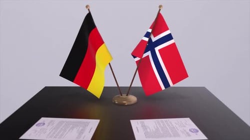 Germany and Norway Flags on Table with Contracts