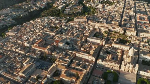 Aerial City View Of Noto With The Roman Catholic Cathedral In Sicily, Italy. Drone Shot