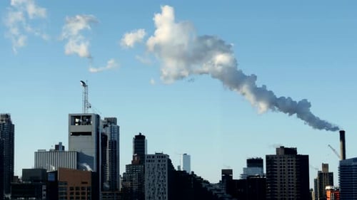 Industrial Pollution Smoke Steam Smog Moving Over Urban City Buildings