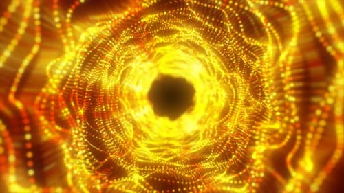 Abstract yellow gold energy tunnel made of particles and a grid of high-tech lines