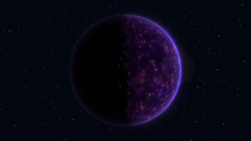 Abstrakter geschlungener, sich drehender Planet, lila, leuchtende Hightech-Kugel im Weltraum vor dem Hintergrund