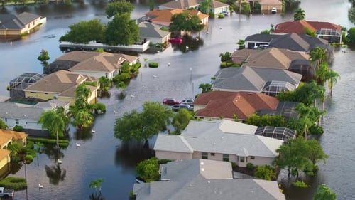 Hurricane Flooded Homes in Residential Community in Florida USA Aftermath of Natural Disaster