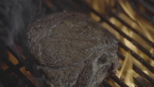 Roast Meat with Fire Flames Beef Steak on Grill with Flames Meat Steaks Cooking on Flaming Grill
