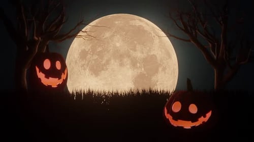 Animated Halloween Scene with Spooky Jack-o'-Lanterns and Full Moon