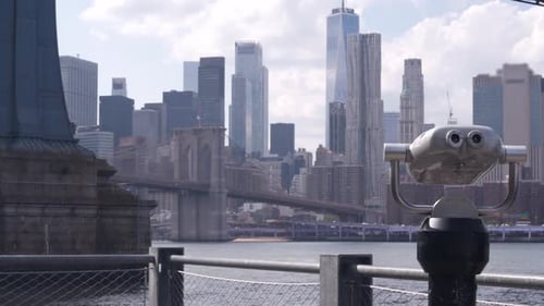 New York City Manhattan Bridge Lookout Tower Viewer Binoculars Waterfront Brooklyn Dumbo USA