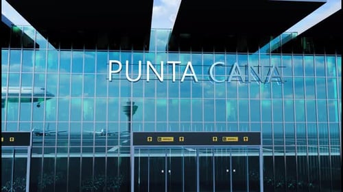 Airlane Landing at Punta Cana Arrival in the City with Reflection of Airport and Aircraft