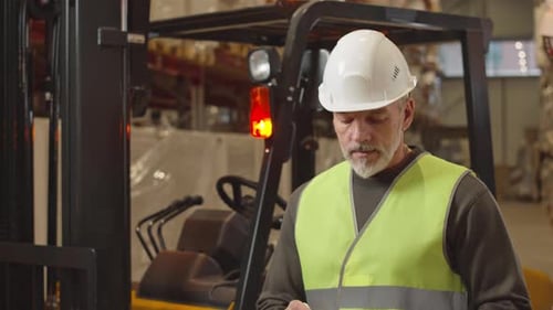 Portrait of Mature Warehouse Worker Standing by Forklift