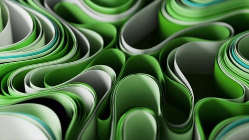 Abstract Animation of Green and White Curved Paper Stripes Forming a Dynamic Wavy Pattern 3d