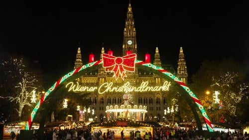 Vienna winter Christmas market or Christkindlmarkt on the Rathausplatz in front of town hall