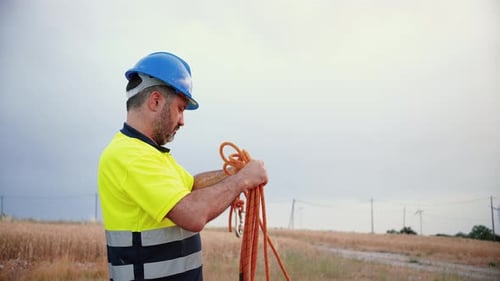 Trabalhador da construção civil ou empreiteiro enrolando corda usando um capacete azul e colete de segurança