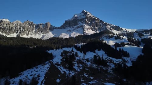 Majestic Snow Capped Mountain Peak Towering Over a Lush Alpine Forest