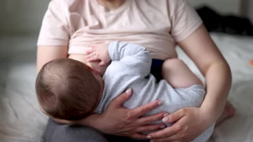 Loving Mother Breastfeeding Her Infant Child at Home