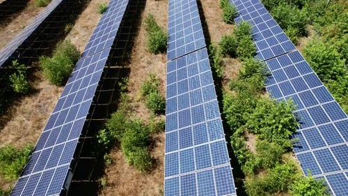 Aerial View of Solar panel farm, power plant. Renewable energy with photovoltaic.