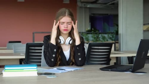 Anxious Girl Feeling Tired While Studying at School College Student Suffering From Headache in