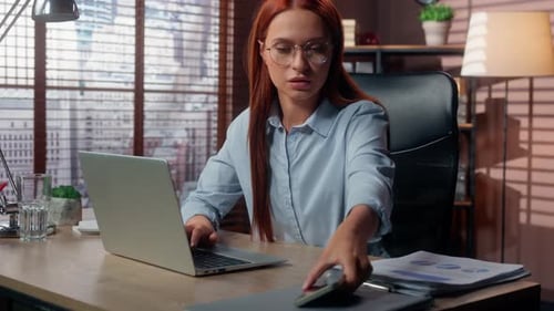 Caucasian Business Woman Typing Laptop Answering Call Talking Mobile Phone Busy Multitasking Girl