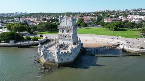 Lisbon Shines: Belem Tower (Torre de Belém) in Portugal from the Air on a Clear Day.